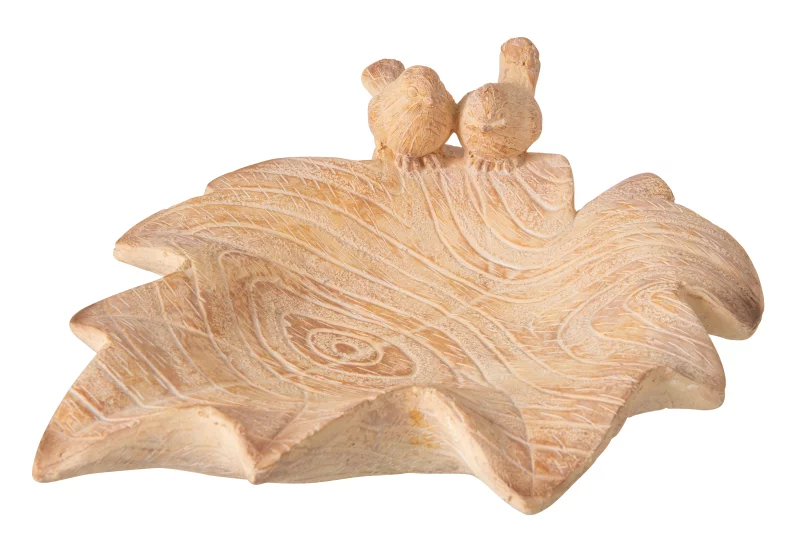 Decoratief blad met vogels in houtlook van polyresin verkrijgbaar bij de Zijden Boutique in Delft