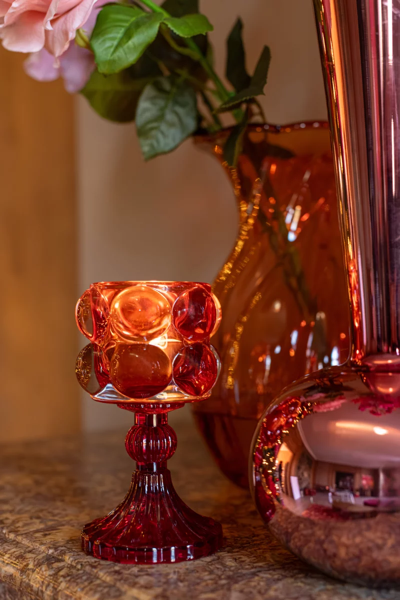 Glazen waxinelichthouder op voet – rood/oranje bij Zijden Boutique