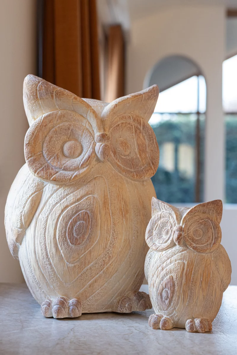 Uil hout look gemaakt van polyresin verkrijgbaar in onze winkel in Delft