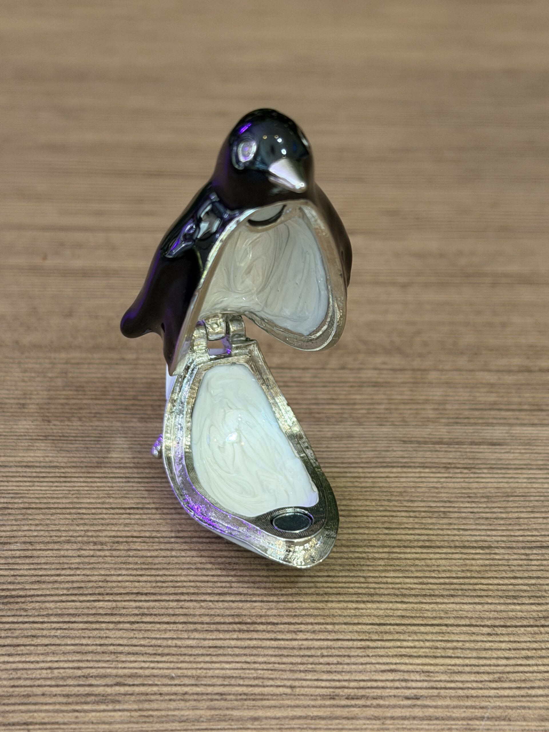 Sierdoosje pinguïn bij de zijden boutique in Delft